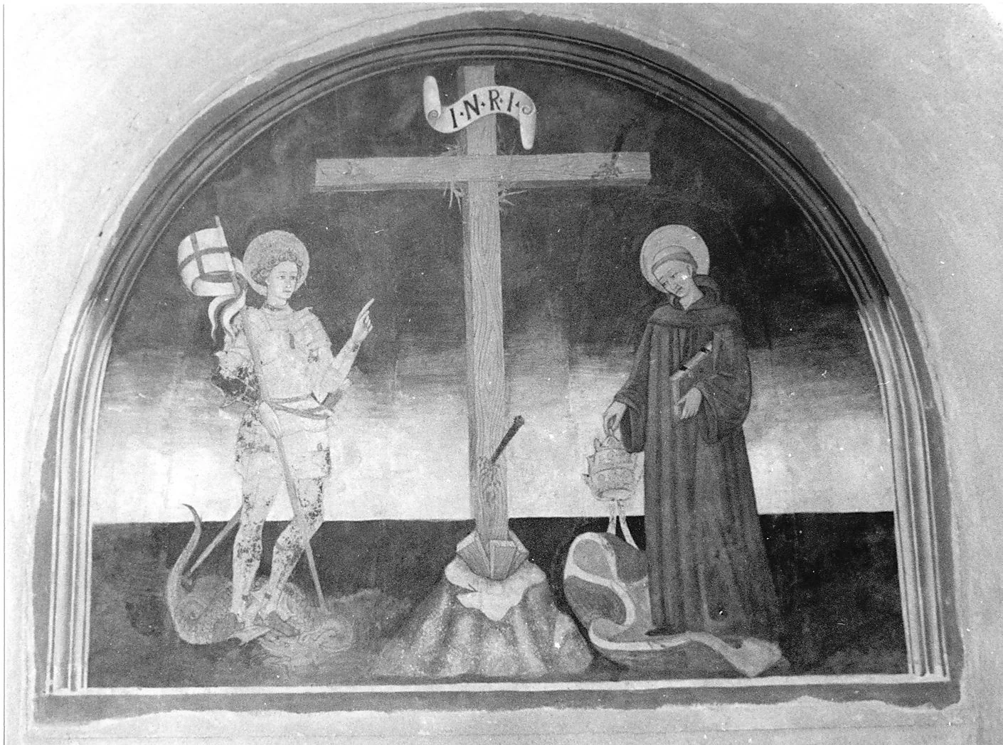 L'affresco di Collemaggio: la figura in armi con il vessillo crociato accanto alla croce