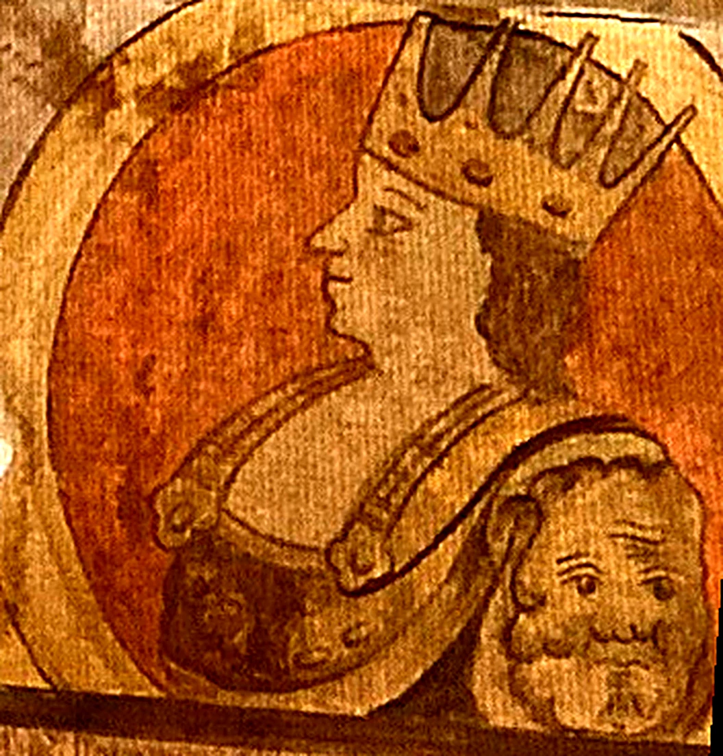 Uno dei busti coronati dipinti dentro i medaglioni del soffitto