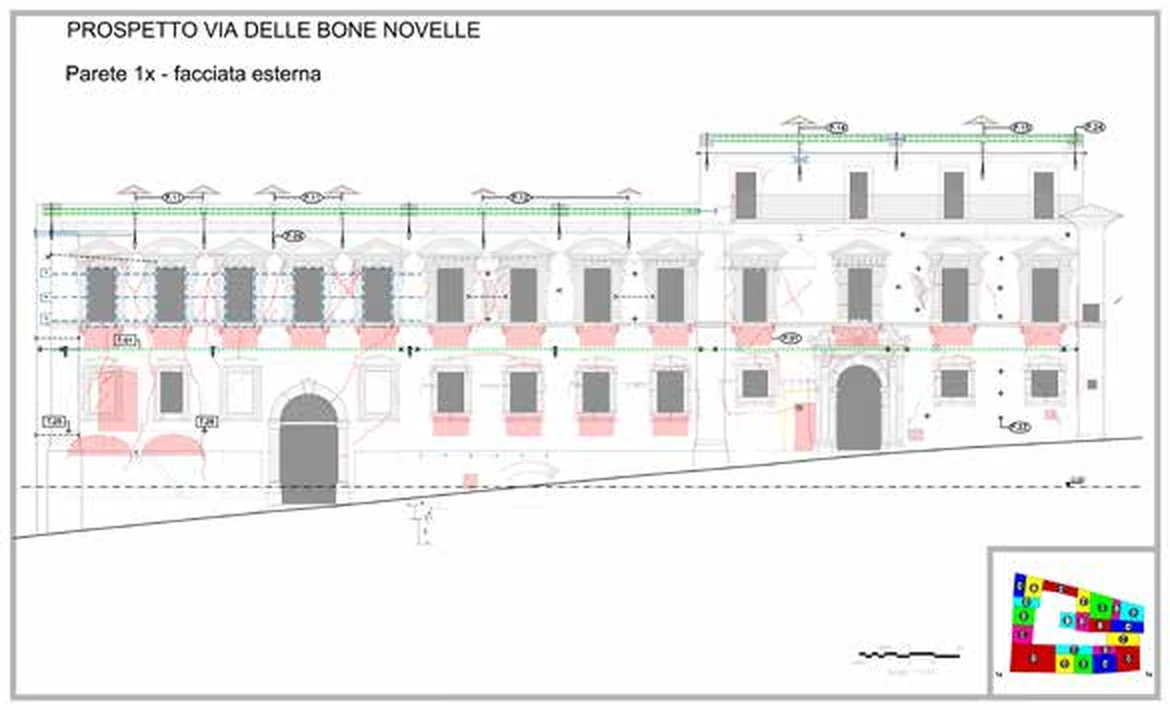 Il rilievo del danno sul prospetto di via delle Bone Novelle